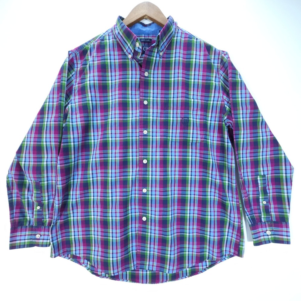 Chaps Plaid Shirt Mens Large Purple Green Skate Streetwear Button Down Easy Care